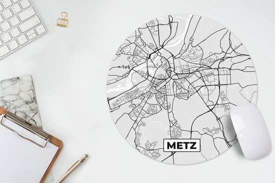Muismat rond 30x30 cm - Mousepad Plattegrond - Metz - Stadskaart - Kaart - Frankrijk - Ronde muismatten - Stadskaart