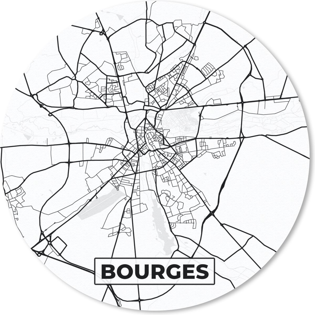 Muismat rond 50x50 cm - Mousepad Bourges - Frankrijk - Stadskaart - Plattegrond - Kaart - Zwart wit - Ronde muismatten - Stadskaart