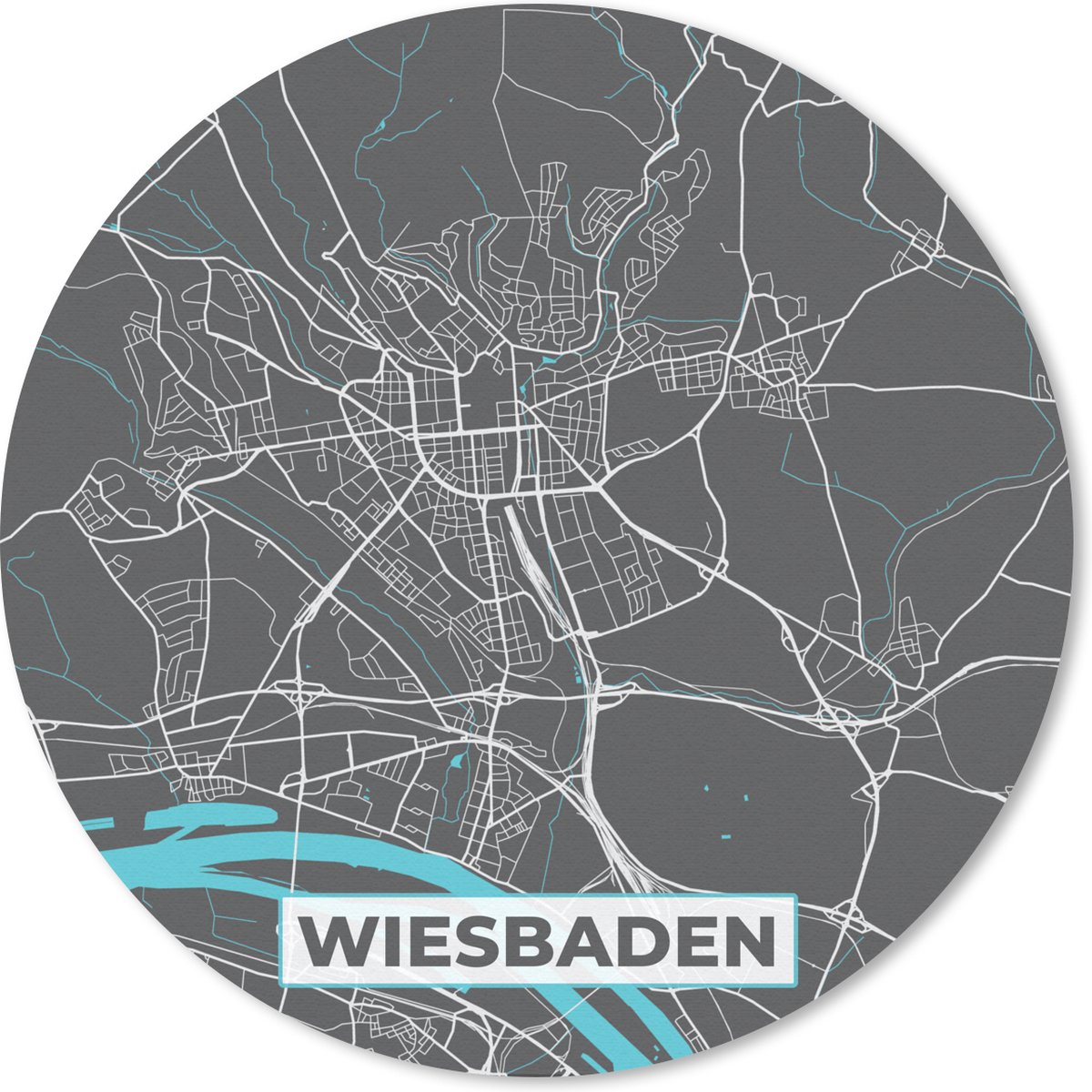 Muismat rond 30x30 cm - Mousepad Stadskaart – Plattegrond – Duitsland – Blauw – Wiesbaden – Kaart - Ronde muismatten - Stadskaart