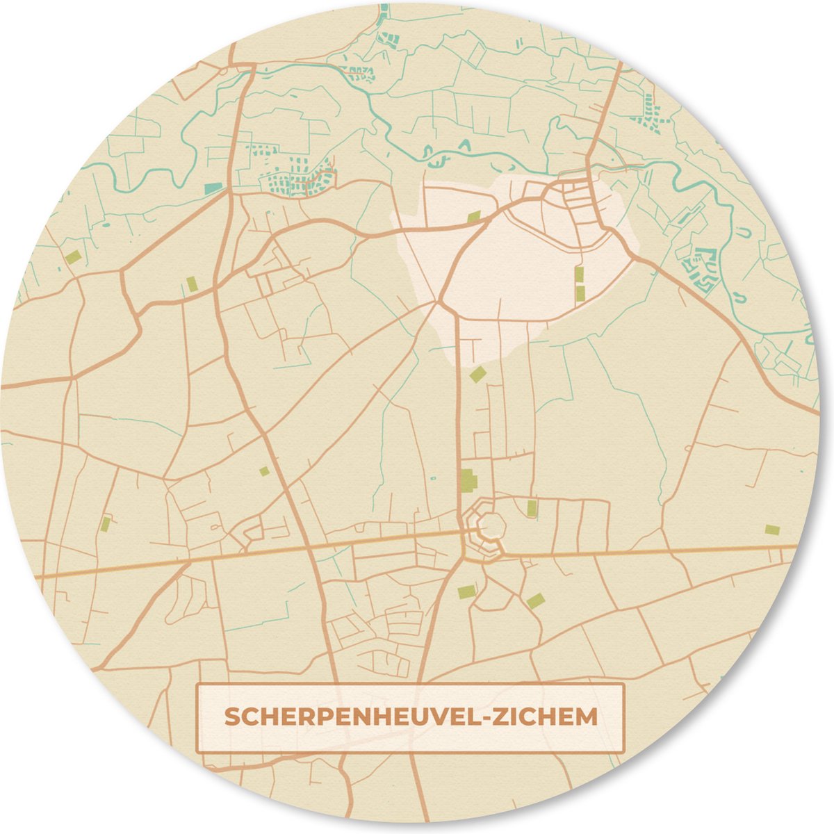 Muismat rond 50x50 cm - Mousepad Plattegrond - Kaart - Stadskaart - Vintage - Scherpenheuvel-Zichem - Ronde muismatten - Stadskaart