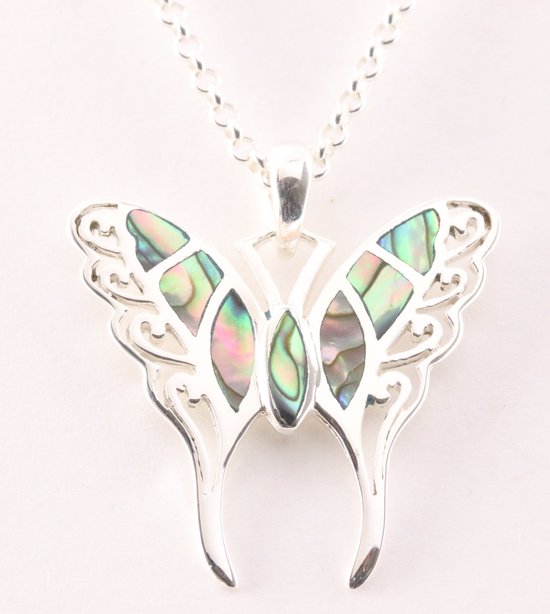Zilveren vlinder hanger met abalone schelp aan jasseron ketting