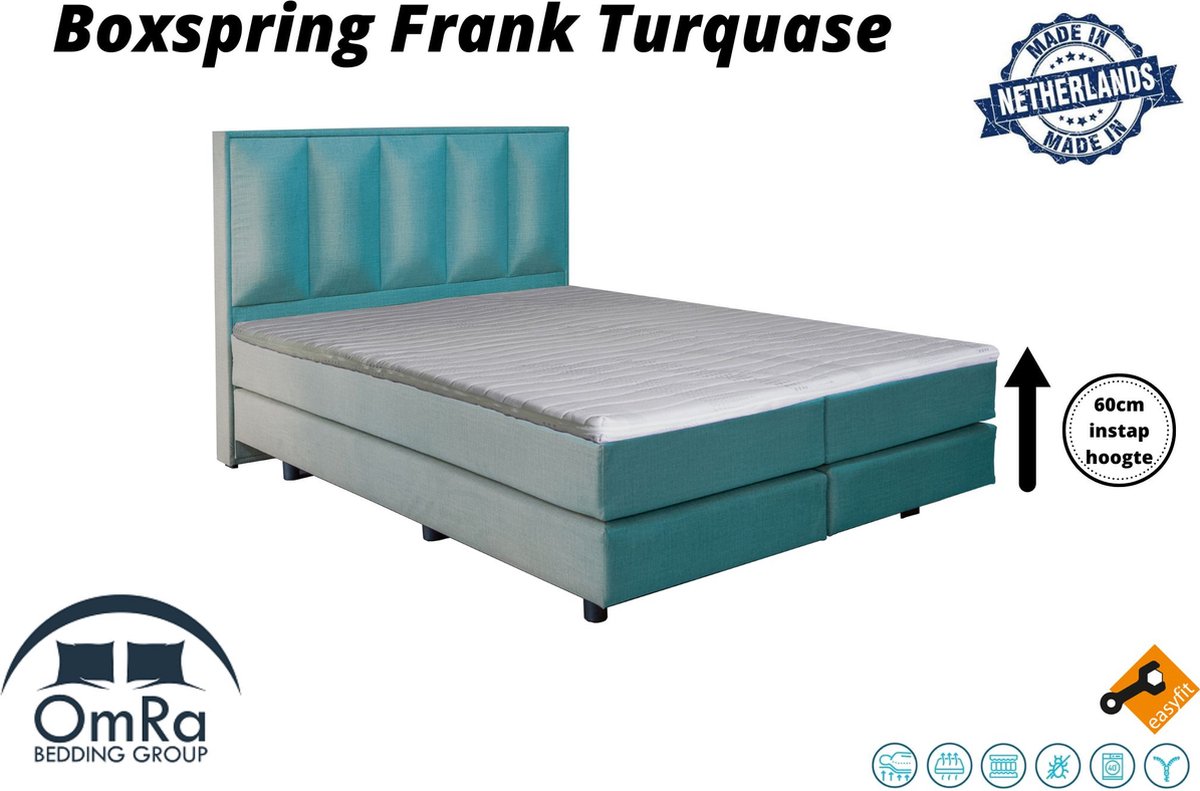 Omra Bedding - Complete boxspring - Frank Turquase - 140x200 cm - Inclusief Topdekmatras - Hotel boxspring