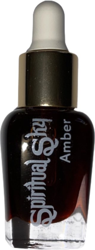 Amber parfumolie in een flesje met gouden dop en pipet, met 'Spiritual Sky Amber' opdruk.