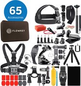 Action cam accessoires set Flowkey - Geschikt voor Gopro Hero 10, 9, 8, 7, 6, 5, 4 - Set van 65 in 1 - Met Luxe Opbergkoffer Met Mount, Stick & Case