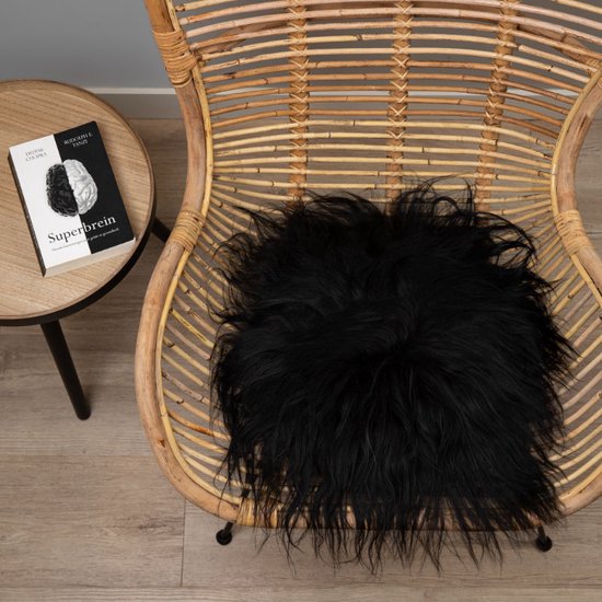 WOOOL® Schapenvacht Chairpad - IJslands Zwart (38cm) ROND - Stoelkussen - 100% Echt - Eenzijdig
