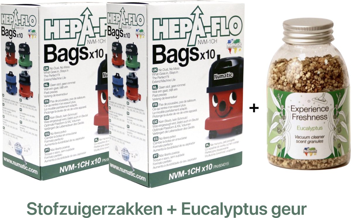 Numatic - 2x Stofzuigerzakken + 1x Geurkorrels (eucalyptus geur) - Hepa flo bags - Voor Henry/Hetty - NVM 1CH X10 - COMBIDEAL