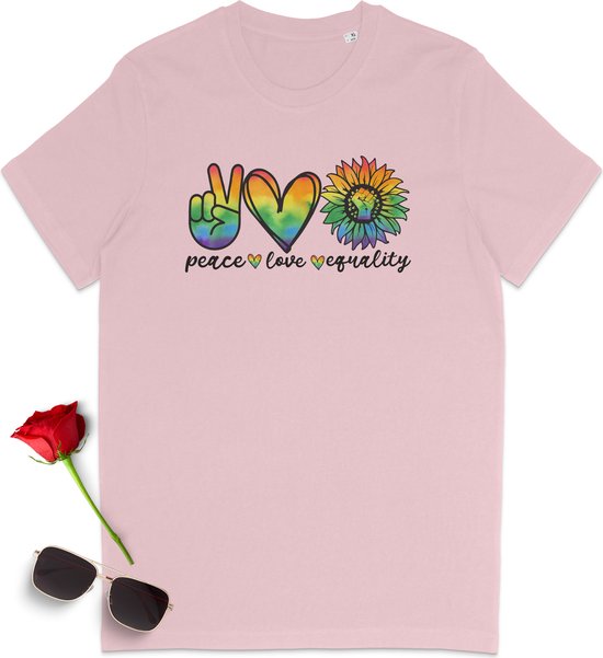 Gay Pride t shirt - Pride tshirt - Peace Love Equality - Dames tshirt met print - Heren t shirt met Pride opdruk - Unisex Pride Shirt - Unisex maten: S M L XL XXL XXXL - tshirt kleuren: Wit,  geel, oranje, roze en rood.