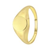 Een glanzende, gele 14-karaats gouden zegelring met een platte ovale kop.
