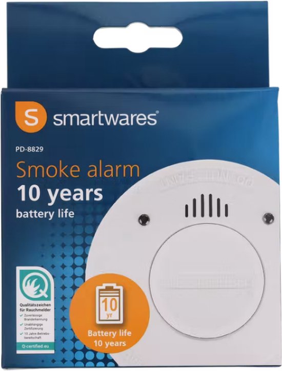 Smartwares rookmelder verpakking met "Smoke alarm 10 years battery life" en Q-certified logo.