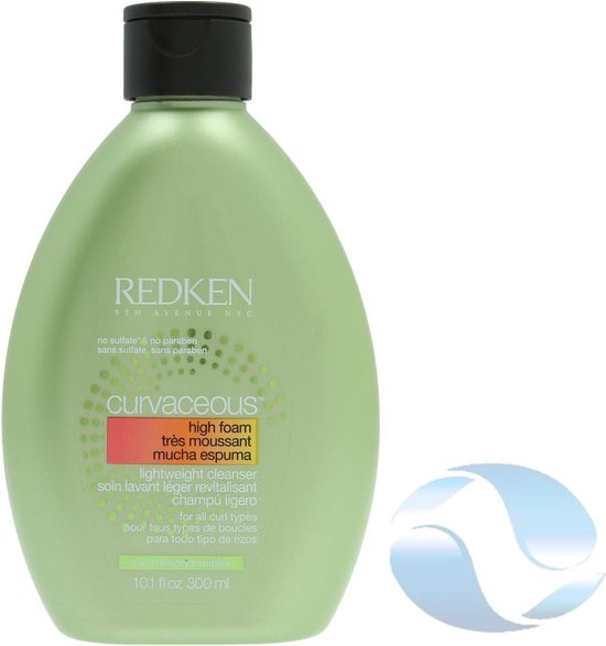 Lichtgroene fles met een zwarte dop. Redken Curvaceous high foam shampoo.