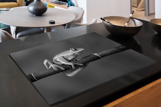 KitchenYeah® Inductie beschermer 80.2x52.2 cm - Roodoogmakikikker op bamboe - zwart wit - Kookplaataccessoires - Afdekplaat voor kookplaat - Inductiebeschermer - Inductiemat - Inductieplaat mat