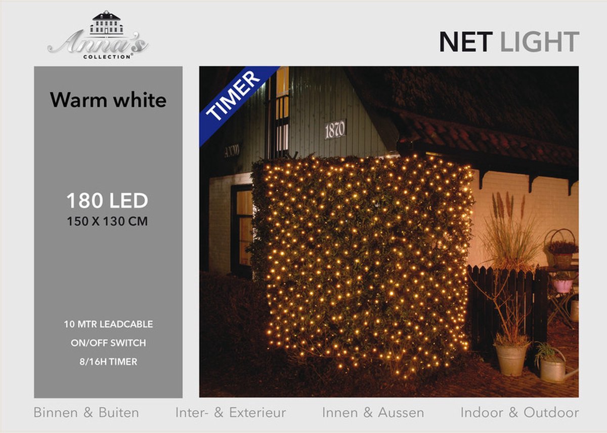 2x stuks boomverlichting lichtnet / netverlichting met timer 180 lampjes warm wit 150 x 130 cm - Voor binnen en buiten gebruik - Anna's Collection