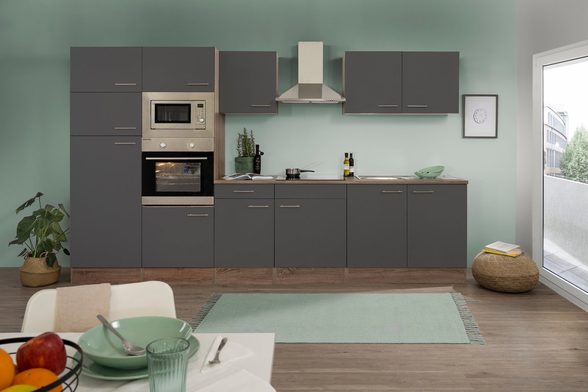 Goedkope keuken 330 cm - complete keuken met apparatuur Oliver - Donker eiken/Grijs - keramische kookplaat - afzuigkap - oven - magnetron - spoelbak