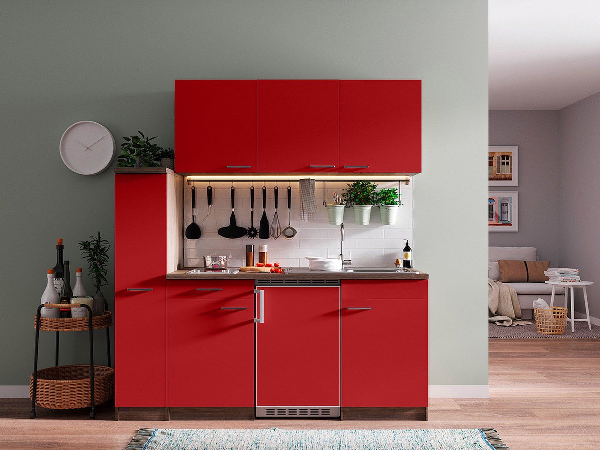 Respekta Goedkope keuken 180 cm complete kleine keuken met apparatuur Oliver Donker eiken Rood keramische kookplaat koelkast mini keuken compacte keuken keukenblok met apparatuur