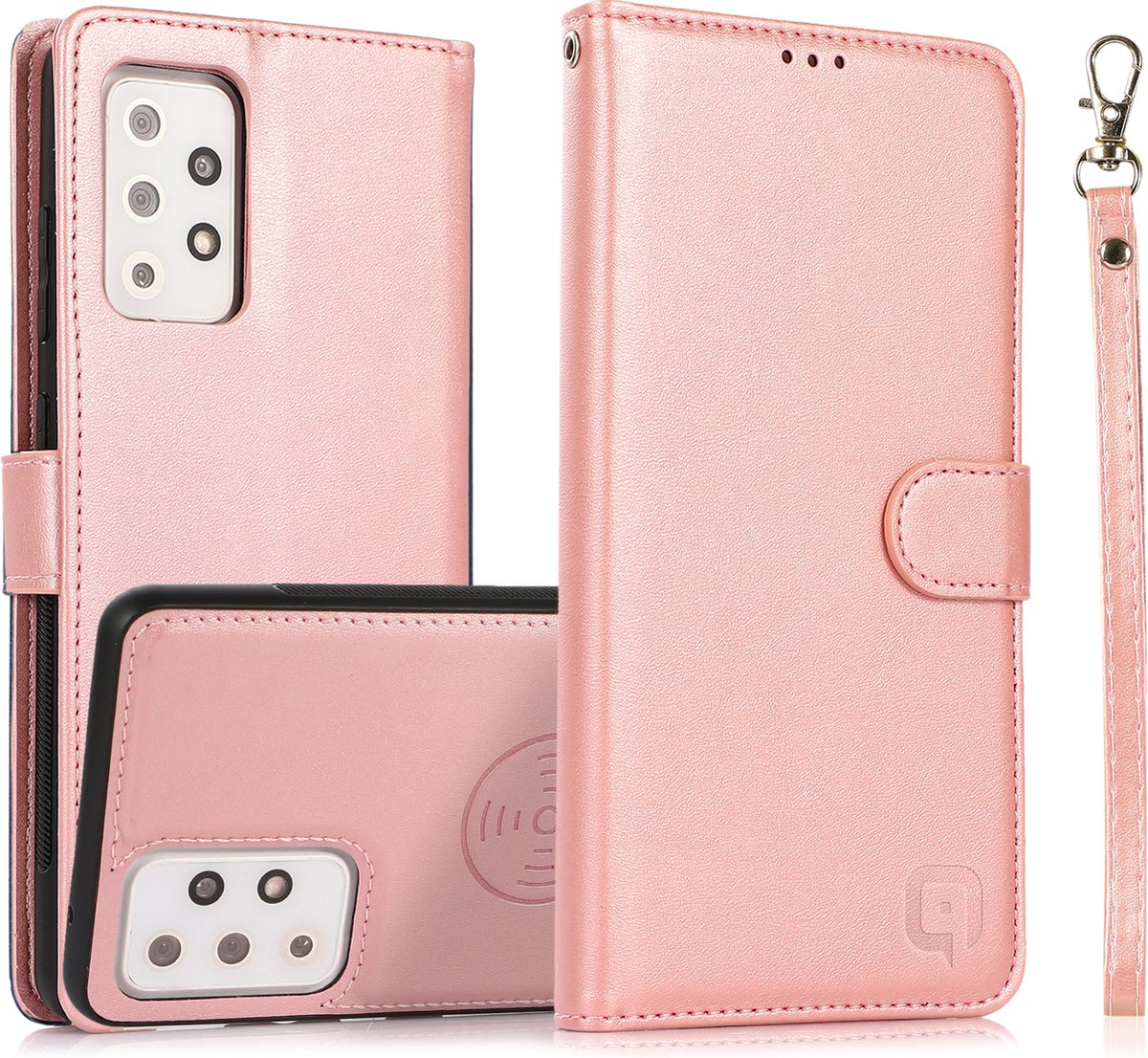 Perfeqt geschikt voor Samsung A72 Uitneembare PU leder hoesje met koord - Rose Gold