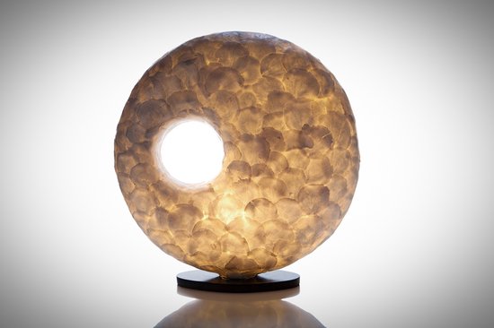 lamp Design Handgemaakte tafellamp woonkamer slaapkamer Donut  full shell white capiz parelmoer schelp 40 cm