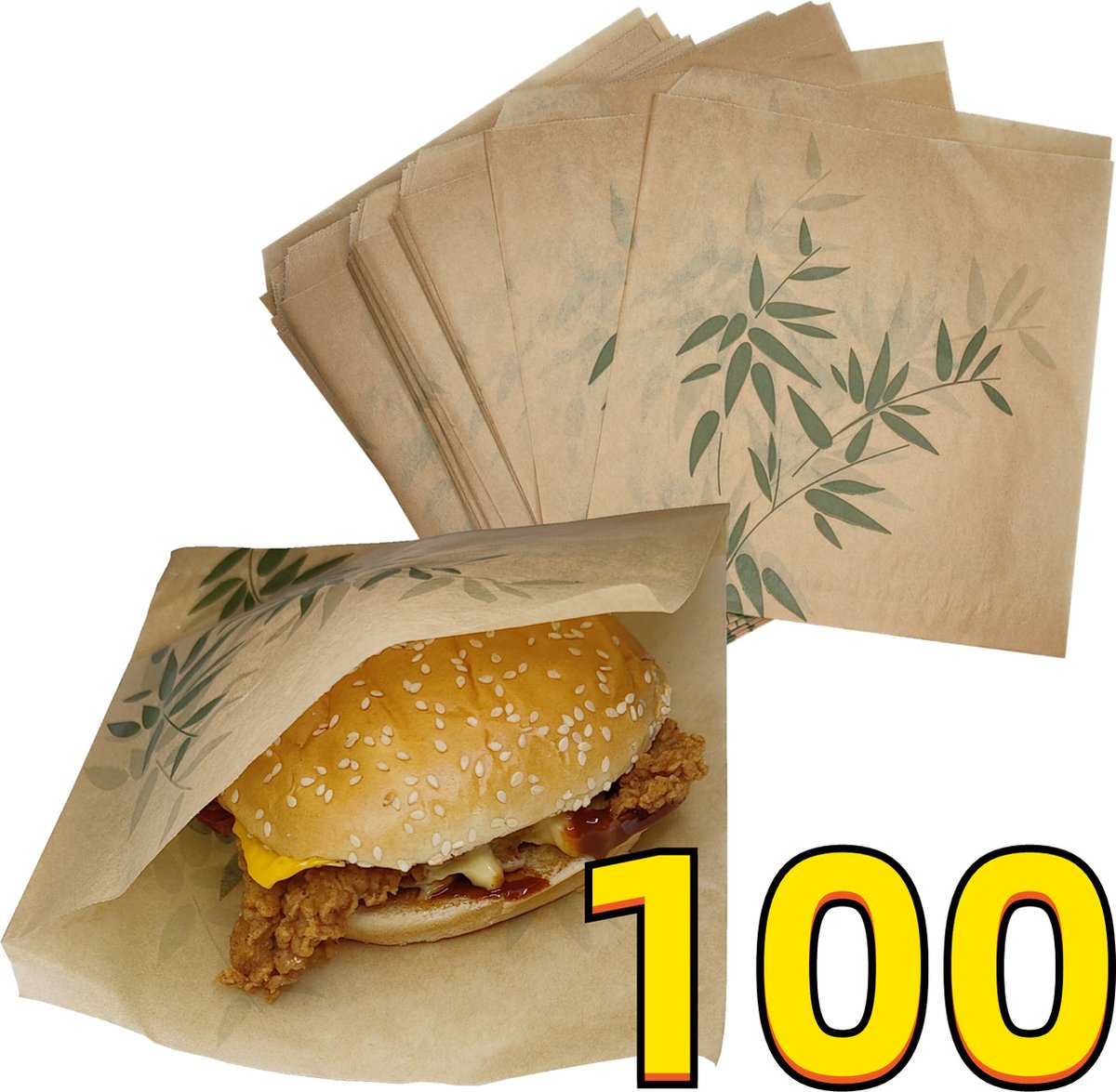 Rainbecom - 100 Stuks - 19 x 17 cm - Hamburger Zakje Papier - Vetvrij Papier - Papieren Zak voor Sandwiches - Bamboe