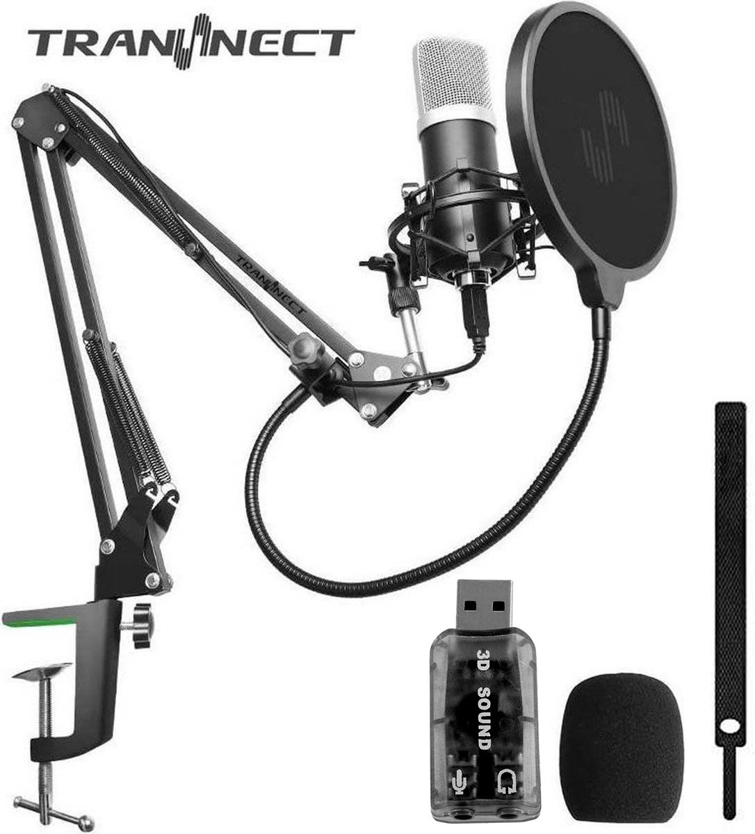 BM800 - Condensator Studio microfoon met Arm Schuimhoes, Schokdemping Popfilter en Ingebouwde Geluidskaart - microfoon voor pc - TRANSNECT
