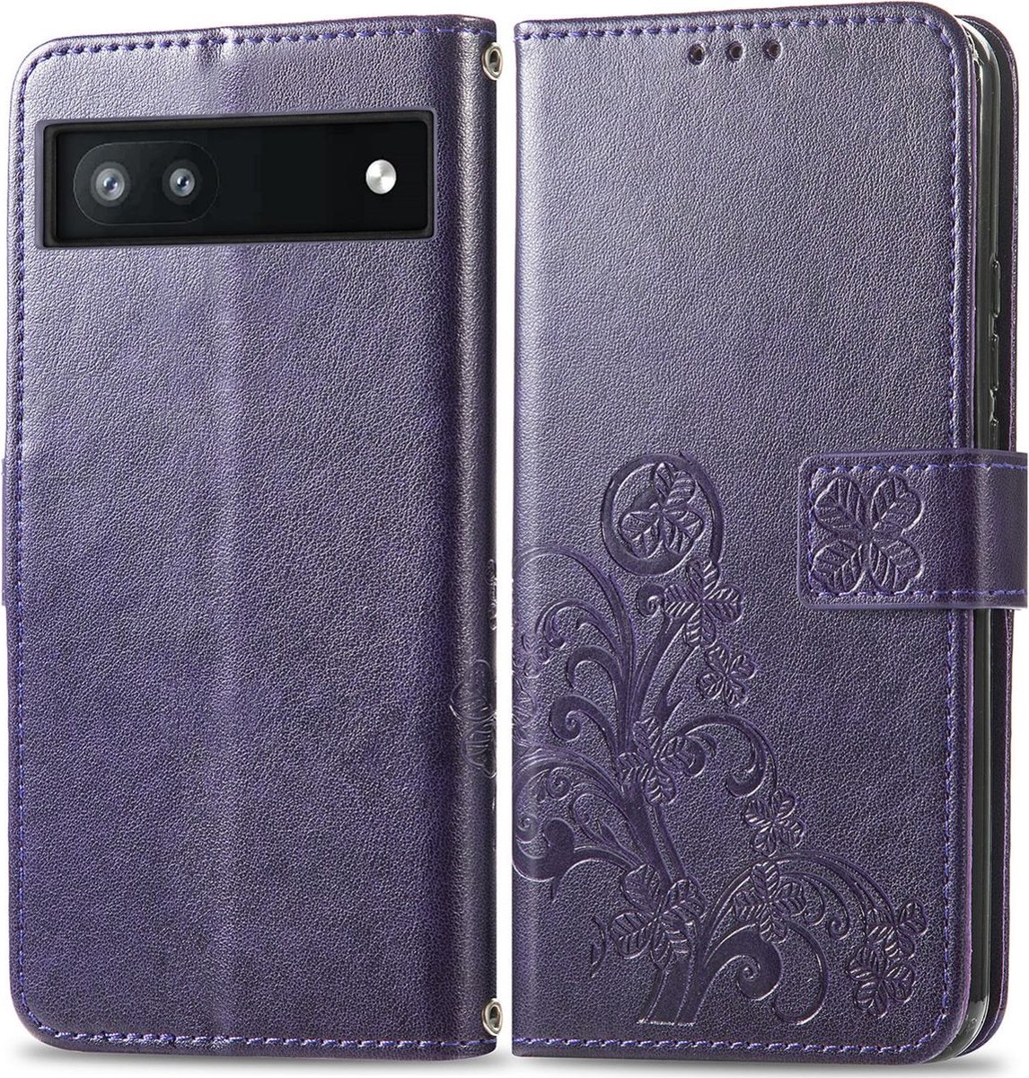 Mobigear Telefoonhoesje geschikt voor Google Pixel 6a Hoesje | Mobigear Clover Bookcase Portemonnee | Pasjeshouder voor 3 Pasjes | Telefoonhoesje voor Pinpas / OV Kaart / Rijbewijs - Paars