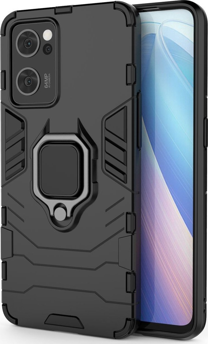 Mobigear Hoesje geschikt voor OPPO Find X5 Lite Telefoonhoesje Hardcase | Mobigear Armor Ring Backcover Shockproof met Ringhouder | Schokbestendig Find X5 Lite Telefoonhoesje | Anti Shock Proof - Zwart