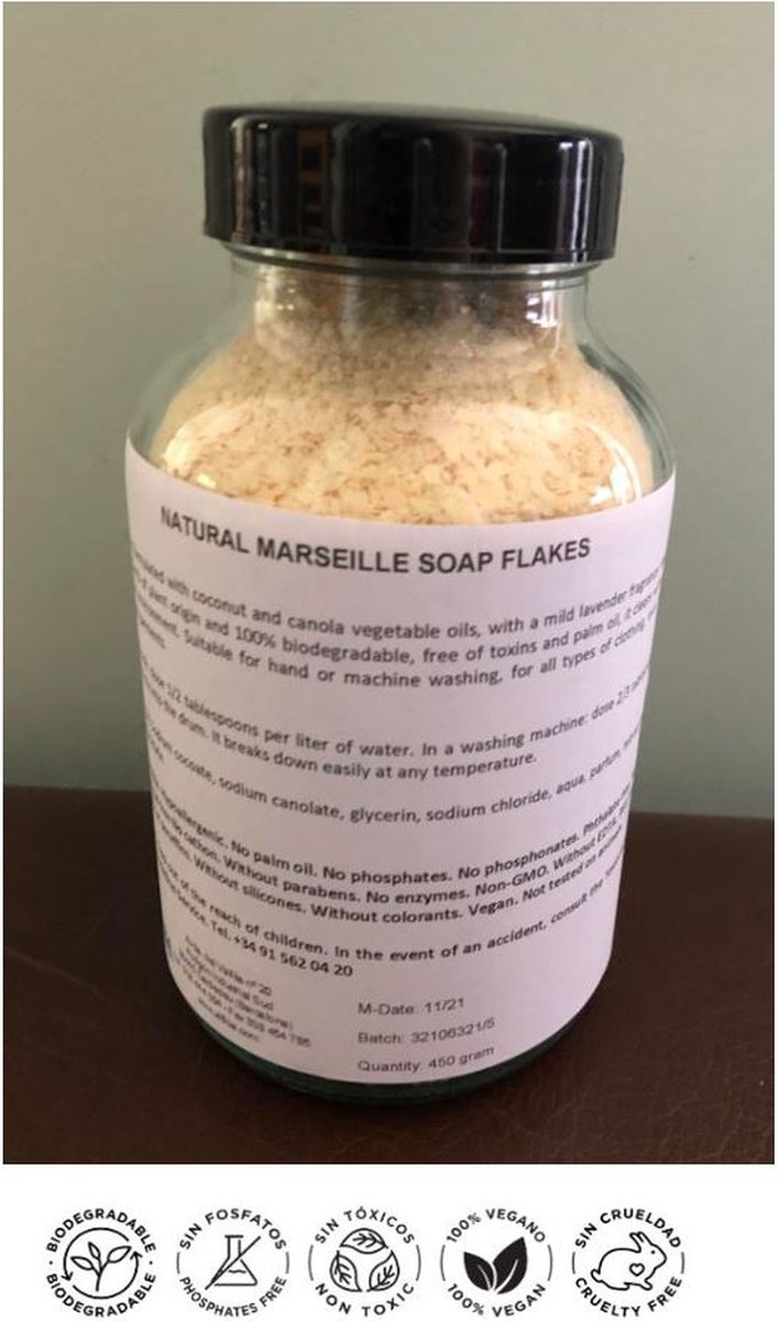 Marseille zeepvlokken - fijn poeder - herbruikbare glazen pot - zachte lavendelgeur - 100% natuurlijk product - 100% biologisch afbreekbaar - zero waste