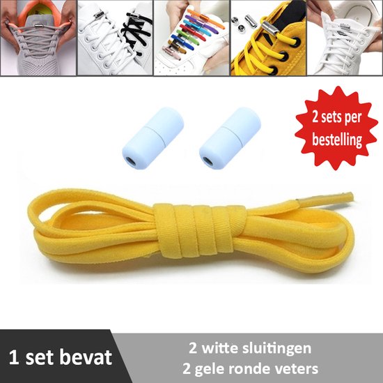 2 paar gele ronde elastische veters met witte sluitingen. Je hoeft voortaan nooit meer je veters te strikken