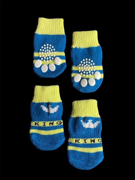 Hondensokken / Kattensokken – Blauw / Geel – King – Koning – Antislip – 4 stuks – Maat S – 3x6cm – 1 paar – 4 sokken – Katoen –