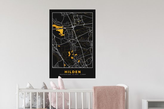 Muurstickers - Sticker Folie - Duitsland – Black and Gold – Hilden – Stadskaart – Kaart – Plattegrond - 60x90 cm - Plakfolie - Muurstickers Kinderkamer - Zelfklevend Behang - Zelfklevend behangpapier - Stickerfolie