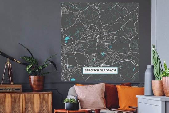 Muurstickers - Sticker Folie - Bergisch Gladbach – Stadskaart – Blauw – Plattegrond – Stadskaart – Kaart - Duitsland - 120x120 cm - Plakfolie - Muurstickers Kinderkamer - Zelfklevend Behang XXL - Zelfklevend behangpapier - Stickerfolie