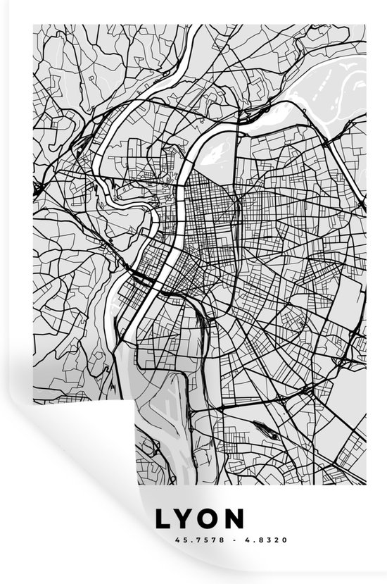 Muurstickers - Sticker Folie - Plattegrond - Lyon - Stadskaart - Kaart - Frankrijk - 40x60 cm - Plakfolie - Muurstickers Kinderkamer - Zelfklevend Behang - Zelfklevend behangpapier - Stickerfolie