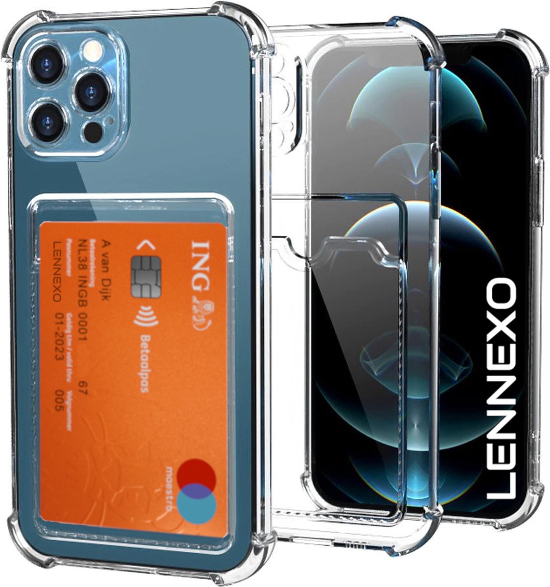 Lennexo Hoesje met Pashouder Geschikt Voor iPhone 13 Pro Max - Transparant Siliconen Hoesje - Shockproof Case
