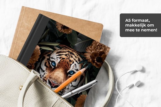 Carnet - Carnet d'écriture - Tigre - Fleurs - Marron - Carnet - Format A5 - Bloc-notes