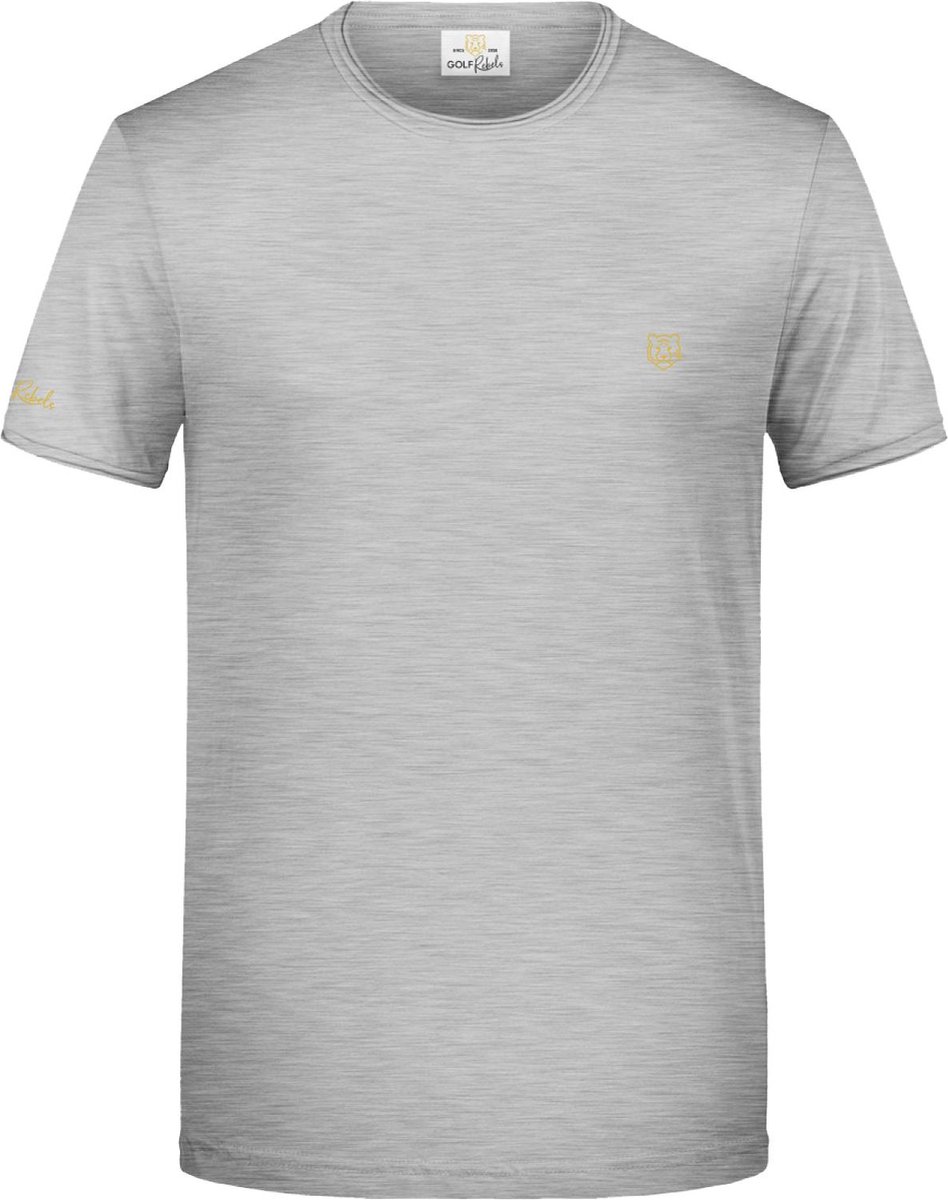 GOLFREBELS T-SHIRT MET GOUDEN LOGO - HEATHER GREY -ORGANIC KATOEN Maat M
