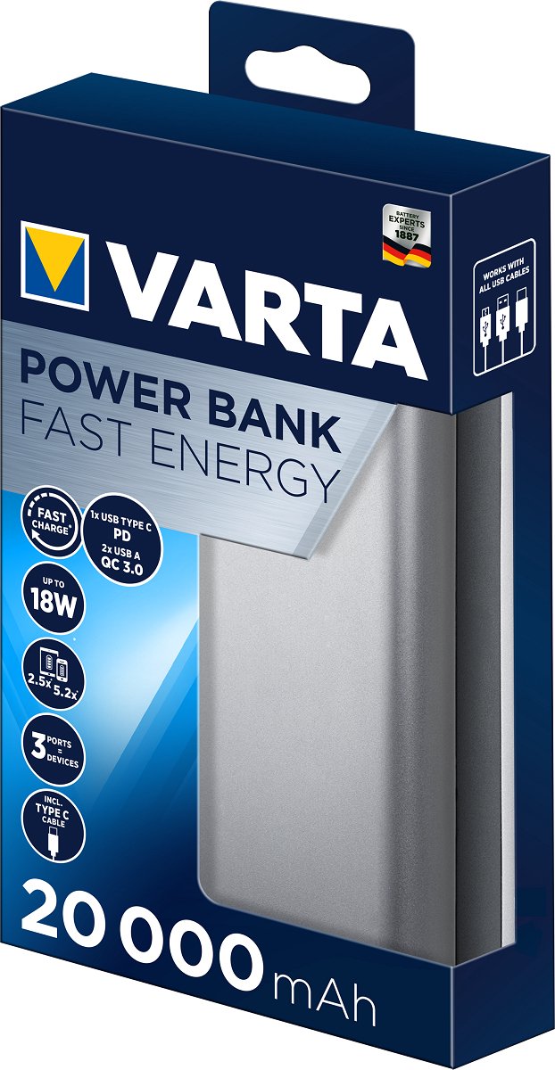 Varta Power Bank Fast Energy Powerbank 20000 mAh - Grijs | bol