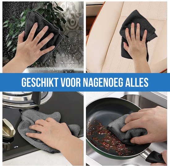 Vier afbeeldingen die de veelzijdigheid van de zwarte microvezeldoekjes tonen in huis en auto.
