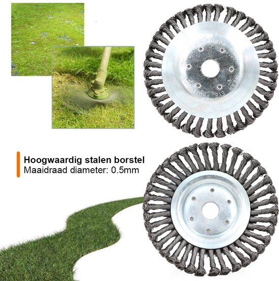 Twee stalen onkruidborstels, illustratie van een bosmaaier die gras verwijdert. 'Hoogwaardig stalen borstel'.