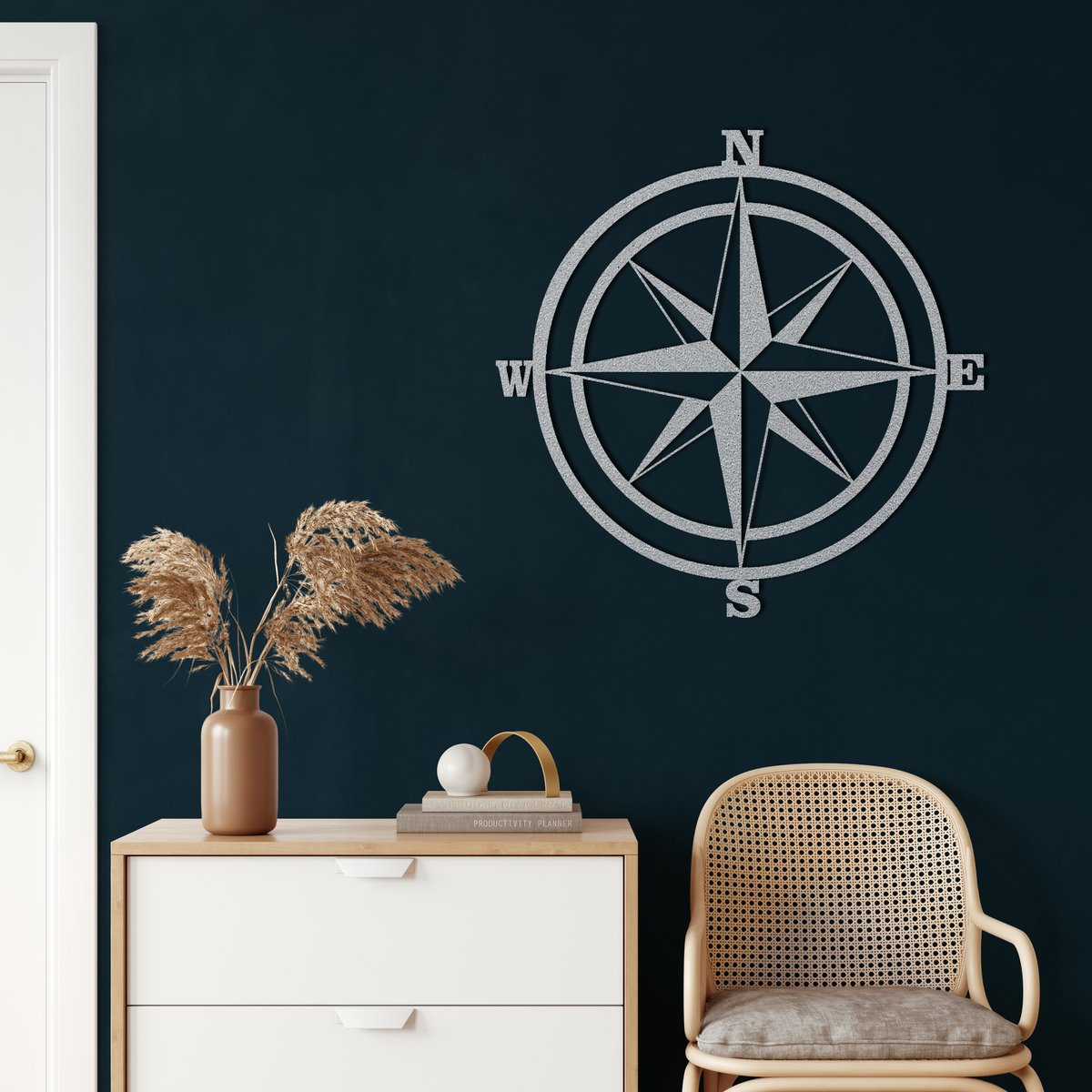Wanddecoratie | Kompas Monogram  / Compass Monogram | Metal - Wall Art | Muurdecoratie | Woonkamer |Zilver| 76x76cm
