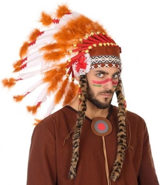 Atosa Luxe indianen veren tooi - oranje met rood - volwassenen - indianentooi - Indiaan carnaval en verkleed accessoires