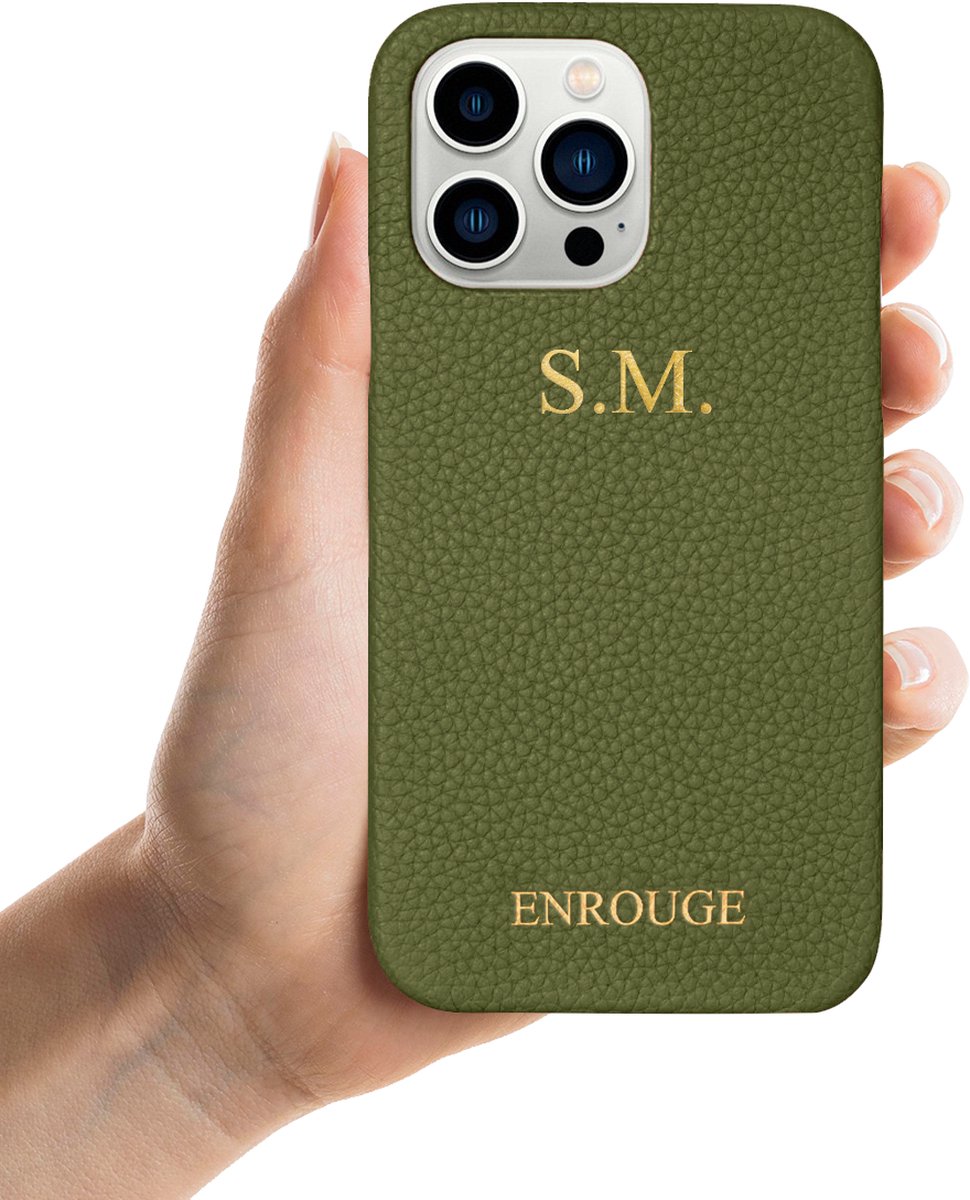 ENROUGE Iphone 13 Pro Case OLIVE GREEN | Luxe Hoesje van Echt Leer | Gepersonaliseerd met Naam of Initialen | 100% Leder | Cadeautip Inclusief Geschenkverpakking
