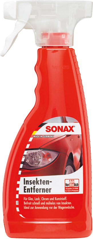 Rode SONAX insectenreiniger met opdruk van een auto en tekst "Insekten-Entferner".
