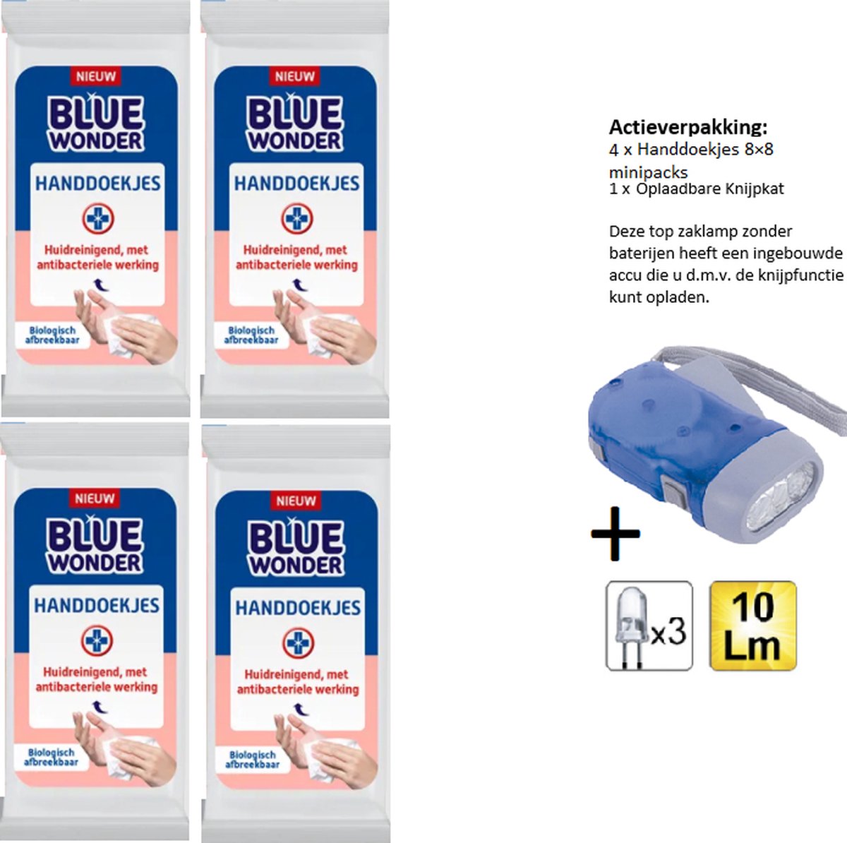 Blue Wonder Hygienische Handdoekjes - 256 Handdoekjes + Zaklamp/Knijpkat