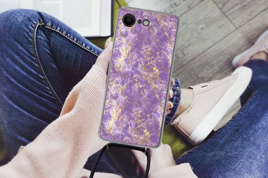 Coque avec cordon Convient pour iPhone SE 2020 - Imprimé marbré - Luxe - Violet - Or - Motifs - Siliconen - Bandoulière - Coque arrière avec cordon - Coque téléphone avec cordon - Coque avec corde