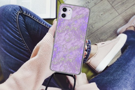 Coque avec cordon Adapté pour iPhone 12 Mini - Imprimé marbré - Violet - Luxe - Motif - Siliconen - Bandoulière - Coque arrière avec cordon - Coque téléphone avec cordon - Coque avec corde