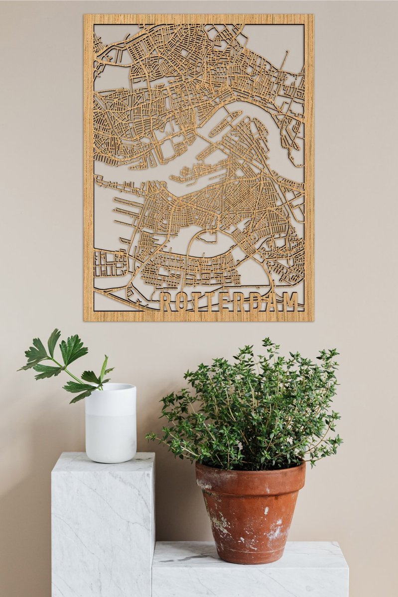 Houten Stadskaart Rotterdam Eikenhout 100x75cm Wanddecoratie Voor Aan De Muur City Shapes