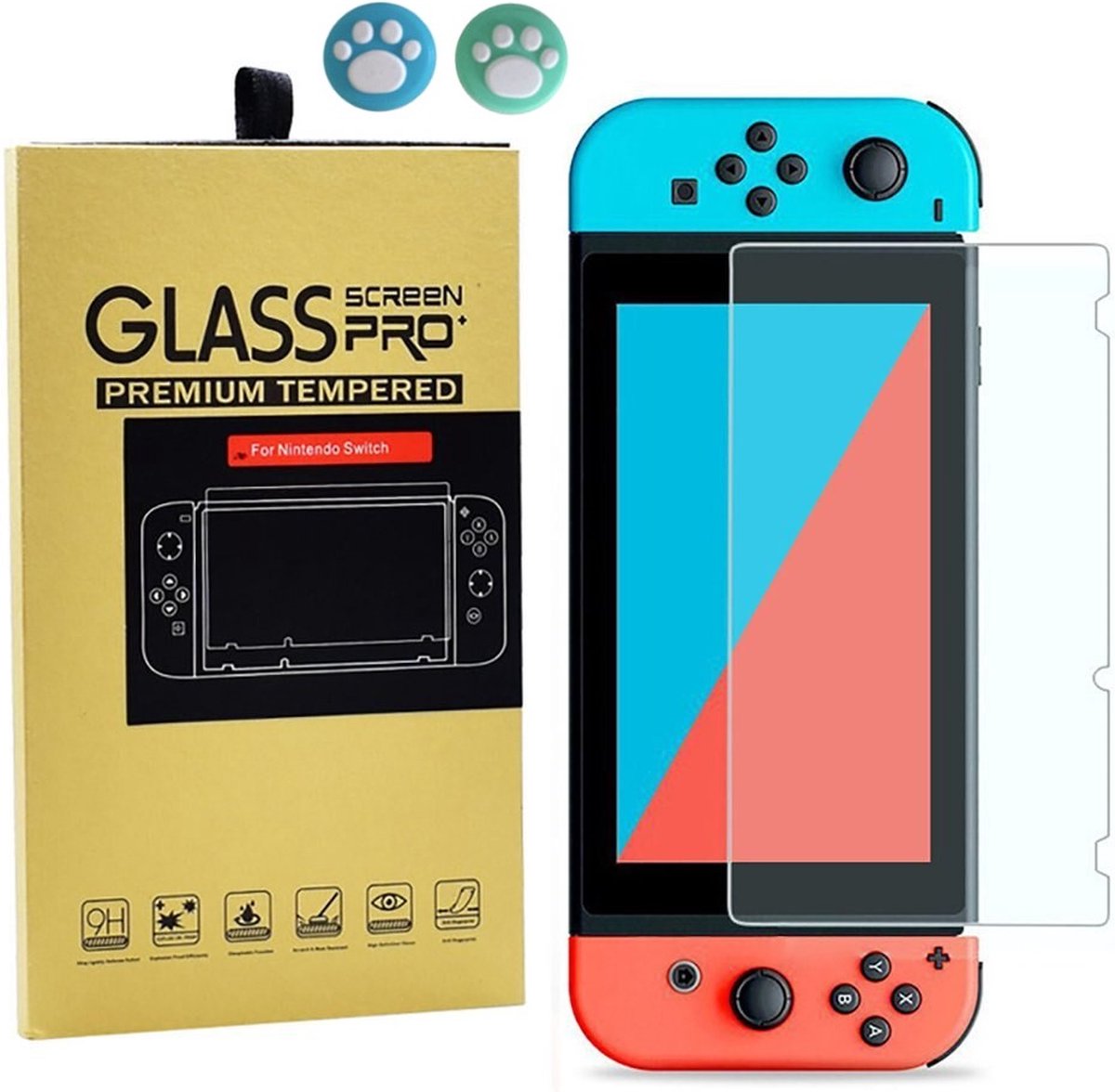 Screenprotector voor Nintendo Switch - 9H Tempered Gehard Bescherm Glas - Inclusief Thumb Grips