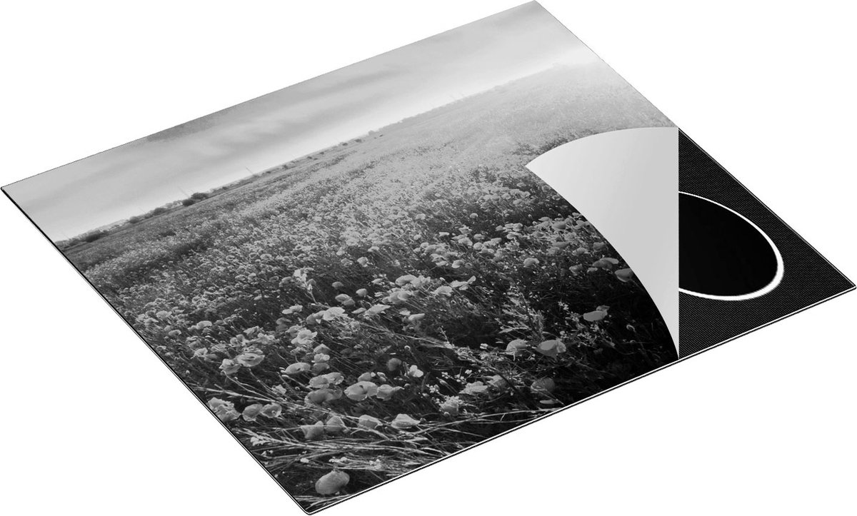 Chefcare Inductie Beschermer Rode Klaproos Bloemenveld - Zonsondergang - Zwart Wit - 60x50 cm - Afdekplaat Inductie - Kookplaat Beschermer - Inductie Mat