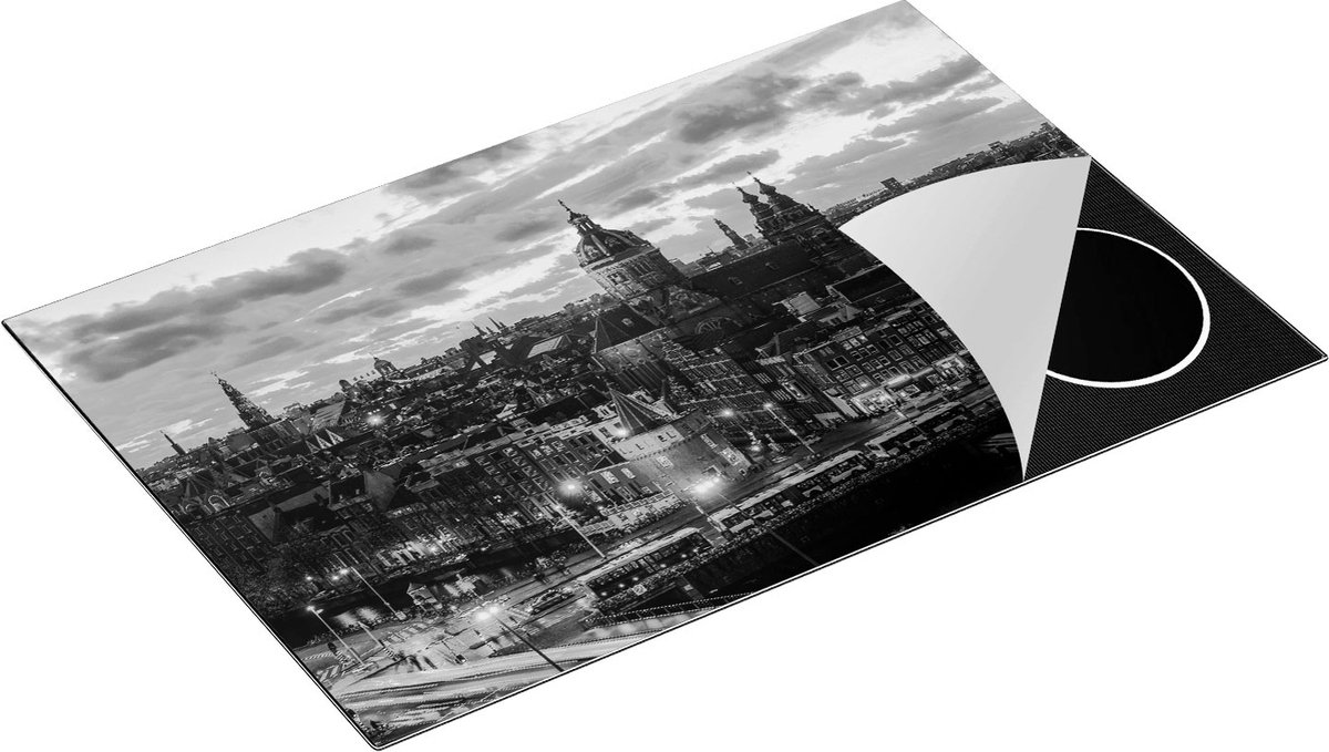 Chefcare Inductie Beschermer Amsterdam Centrum Luchtfoto Zonsondergang - Zwart Wit - 83x51,5 cm - Afdekplaat Inductie - Kookplaat Beschermer - Inductie Mat