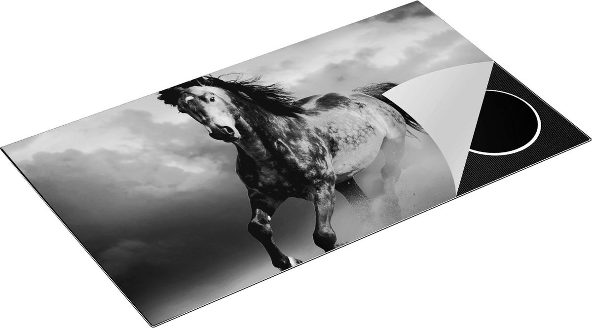 Chefcare Inductie Beschermer Wilde Paard in het Zand - Zwart Wit - 90x50 cm - Afdekplaat Inductie - Kookplaat Beschermer - Inductie Mat