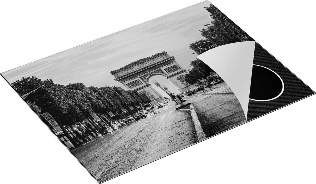 Chefcare Inductie Beschermer Arc de Triomphe in Parijs vanaf de Straat - Zwart Wit - 70x55 cm - Afdekplaat Inductie - Kookplaat Beschermer - Inductie Mat
