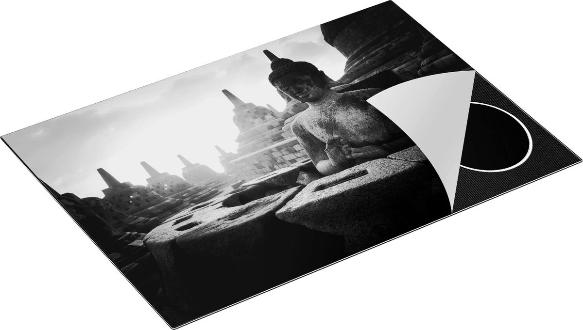 Chefcare Inductie Beschermer Boeddha Beeld in een Tempel - Zwart Wit - 77x51 cm - Afdekplaat Inductie - Kookplaat Beschermer - Inductie Mat